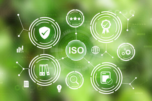 ISO certification standard quality control concept. ISO concept related icons with green background.